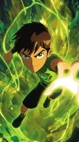 Dynamic green-clad boy charging energy burst in vortex field