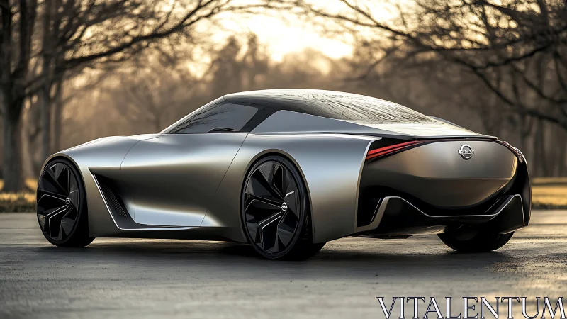 Sleek silver concept car glides quietly through a calm sunset