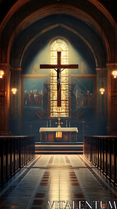 Sunlit crucifix rises through stained glass hush and shadow