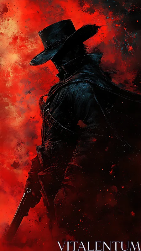 Lone gunslinger silhouette against red abstract backdrop.