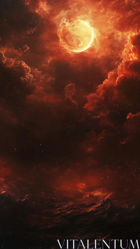 Fiery celestial storm over dark churning cosmic sea.