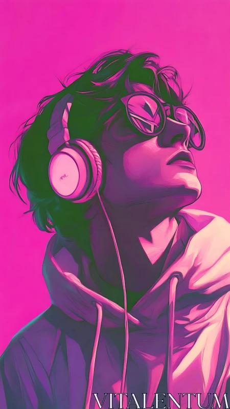 Stylized portrait of hoodie wearer with headphones listening.