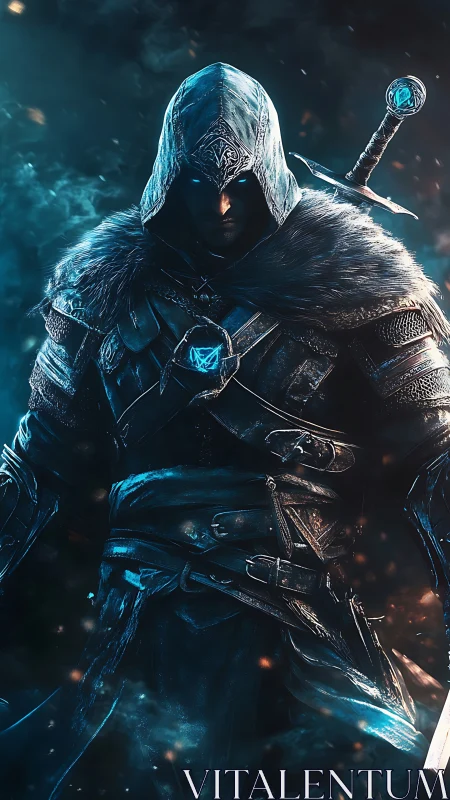 Hooded frost warrior with glowing runes in cinematic blue light.