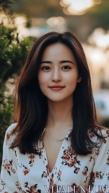 Portrait of young woman outdoors in soft evening light.