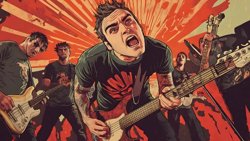 Explosive punk rock band illustration with dynamic guitars.
