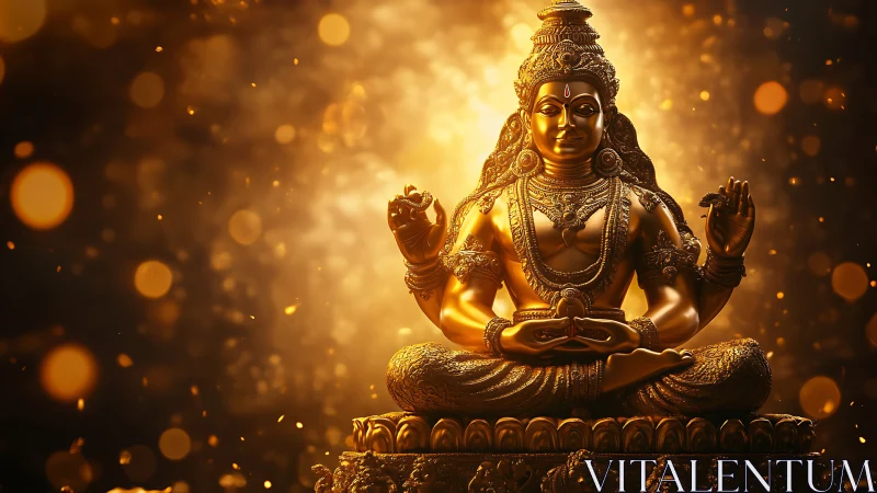 Golden meditative deity rendered in luminous photoreal detail