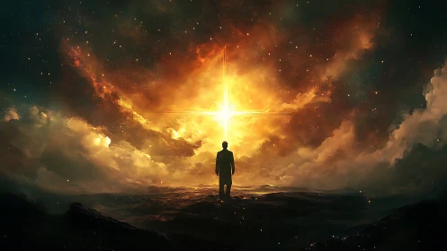 Lone figure facing radiant cosmic cross in stormy sky.