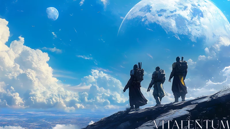 Three futuristic figures on ridge under large distant planet.