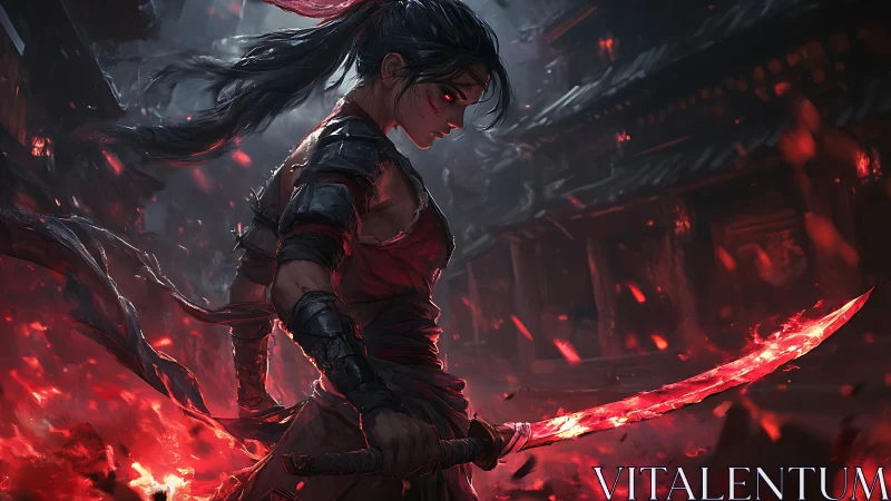 Blade-wielding warrior commands crimson flames at dusk.