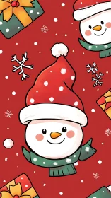 Snowman smiles warmly while gifts swirl in red snowfall
