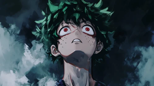 Intense anime portrait with red-eyed upward gaze in smoke.