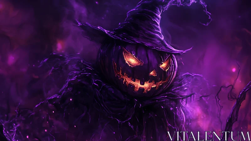Spectral jack-o-lantern warlock amid luminescent violet haze.