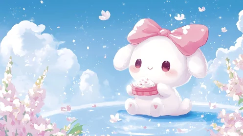 Pastel sky bunny with oversized bow in floral swirl field.