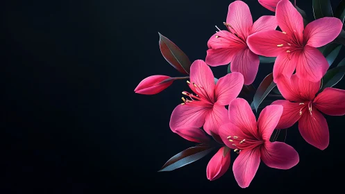Vibrant pink flowers with dark foliage against black background.