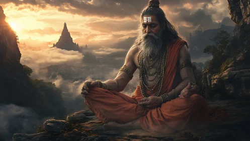 Himalayan sage in meditative asana amid volumetric dawn clouds.