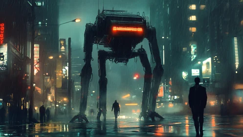 Towering urban mech strides calmly through neon night rain