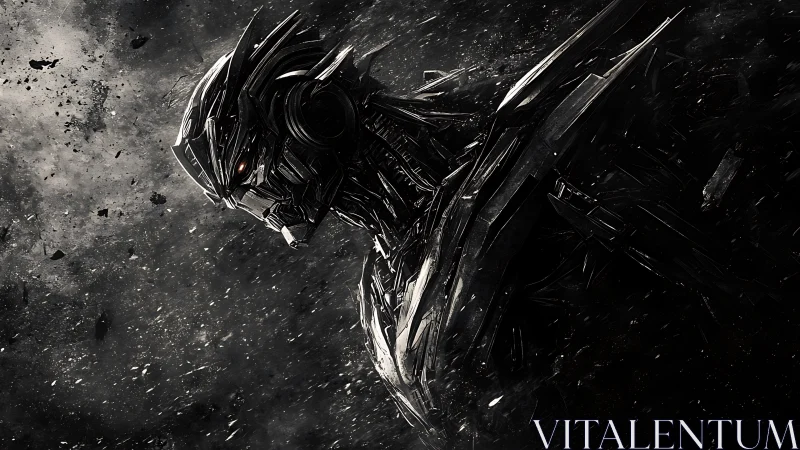 Mysterious dark mech warrior emerging from swirling stardust.