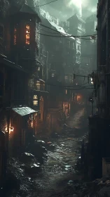 Narrow wet alleyway extends between dense multi‑story buildings