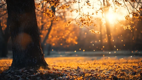 Autumn sunlight through tree branches in quiet forest park.