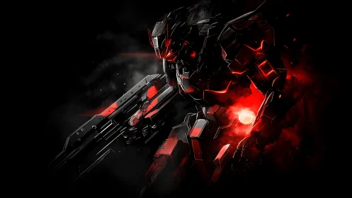 Armored sci fi mech with glowing red energy core