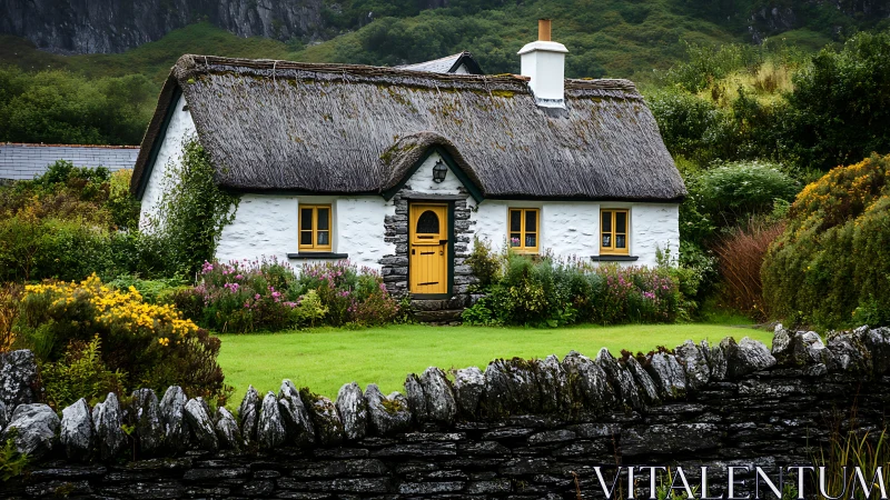 Storybook thatched cottage nestled in lush emerald garden.