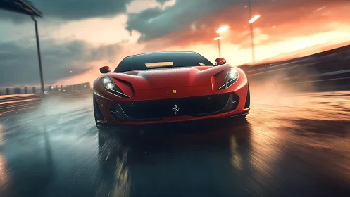 Red supercar speeding on wet racetrack at sunset.