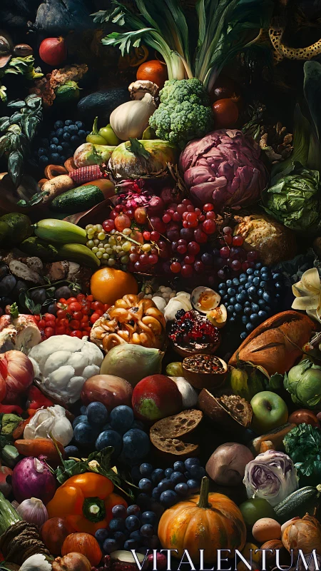 Hyperreal produce cascade with dense chromatic texture mapping.