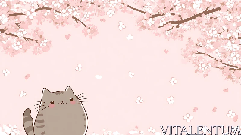 Rotund Cat Character Beneath Flowering Cherry Branches in Soft Pastel Palette
