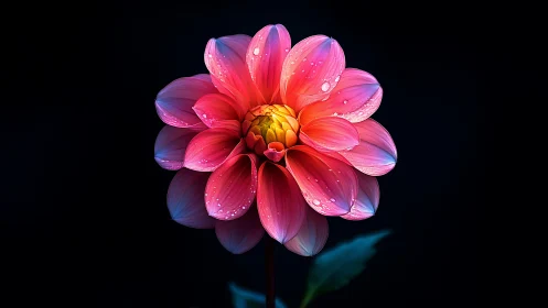 Neon-Rendered Dahlia with Volumetric Light Effects on Dark Background