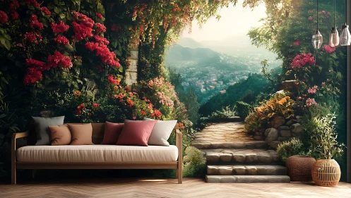 Garden terrace mural behind sofa with mountain city view.