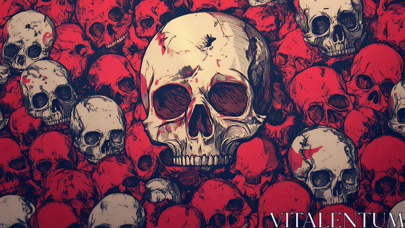 Central bone skull amid red crowd of ink-drawn skulls.