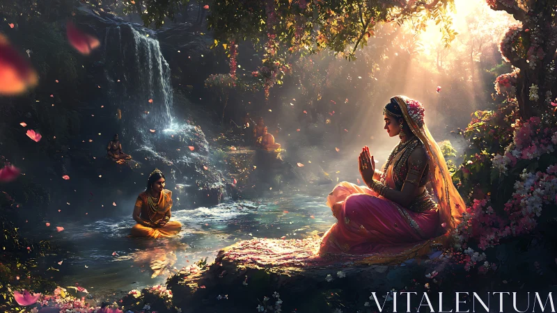 Digital painting of divine meditation beside luminous forest falls.