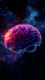 Neon lit human brain model floats in deep space dust and stars