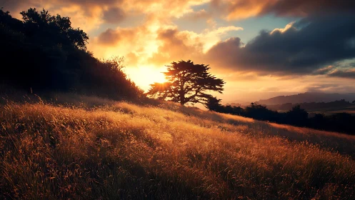 Sunset backlights lone tree on sloping grassy hillside