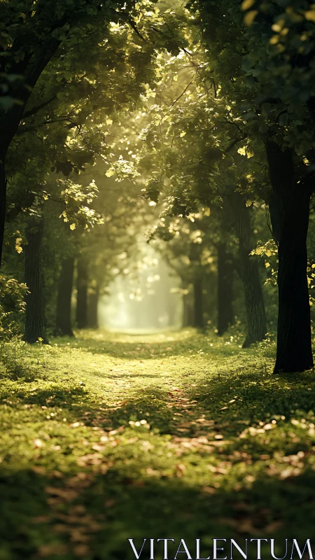 Tree-lined path with filtered sunlight and atmospheric haze.