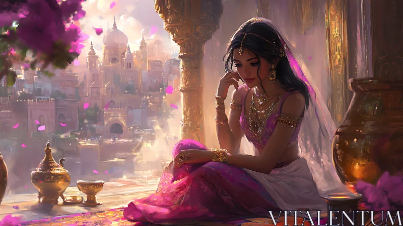 Digital painting of jeweled princess on palace terrace at dusk.