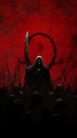 Hooded skeletal warlord leading dark army on red field.