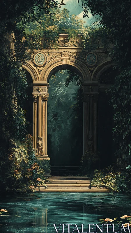 Ancient stone archway overlooks luminous emerald pool