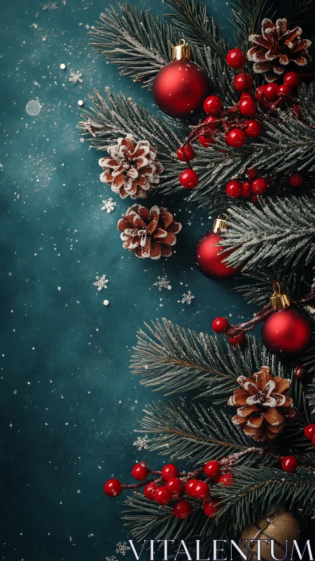 Cozy Christmas pine branches with berries, cones and ornaments.