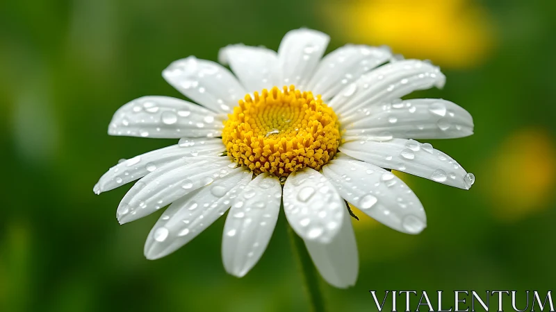 Macro daisy portrait with dewdrops and soft bokeh field.