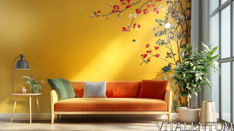 Modern yellow living room with orange sofa and mural wall.