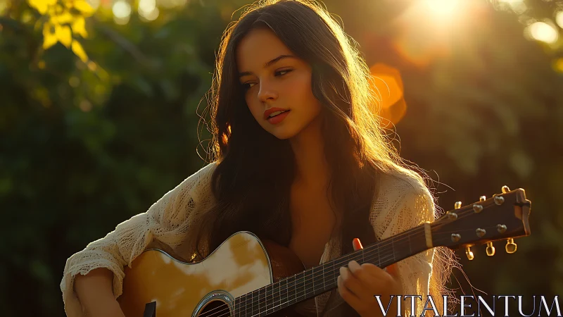 Sunlit acoustic guitarist in warm golden hour garden scene.