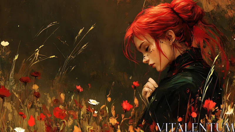 Melancholic red‑haired woman rendered in expressive floral brushwork