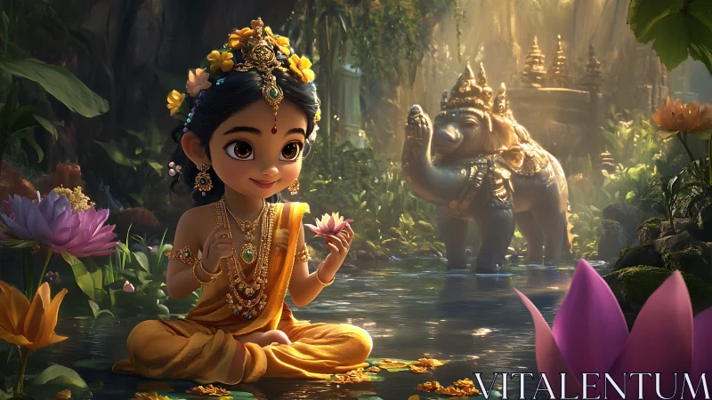 Divine child meditates by lotus pond in enchanted temple garden.