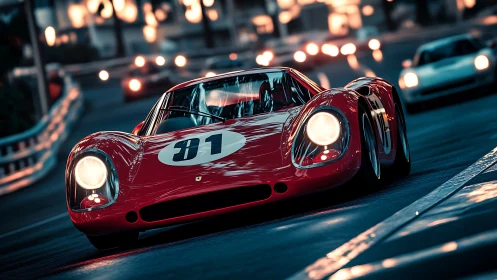 Vintage red race car glowing under city lights at dusk.