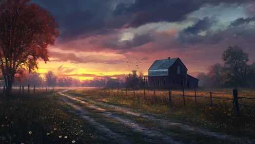 Sunset illuminates rural farmhouse beside winding dirt road