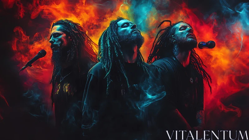 Triadic vocalist portrait in volumetric neon smoke field.