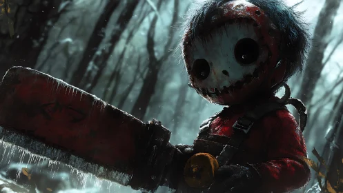 Chainsaw doll in frozen forest, sinister horror character.