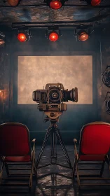 Vintage studio film camera stands centered between two chairs