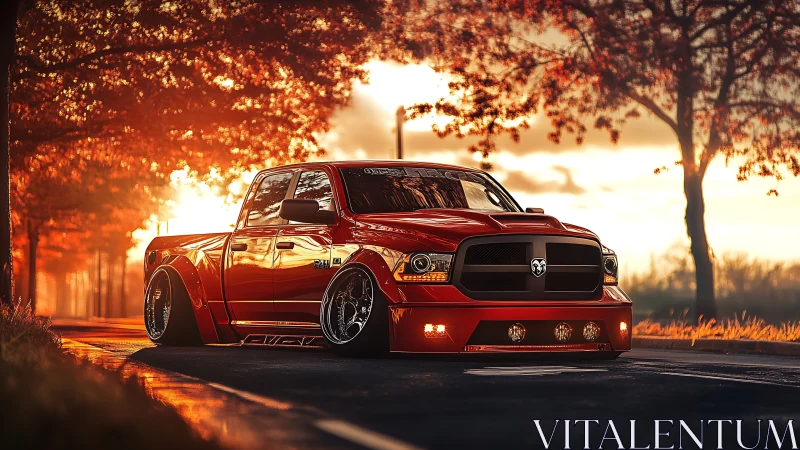Photorealistic slammed pickup truck in autumn backlight streetscape.